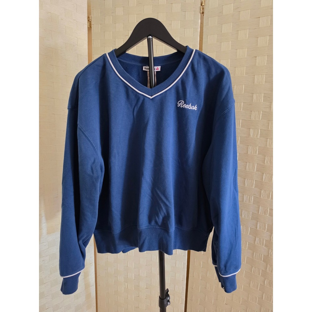 Reebok Mens V-Neck Sweatshirt Blue White Trim Script Logo XL RDV231TL05